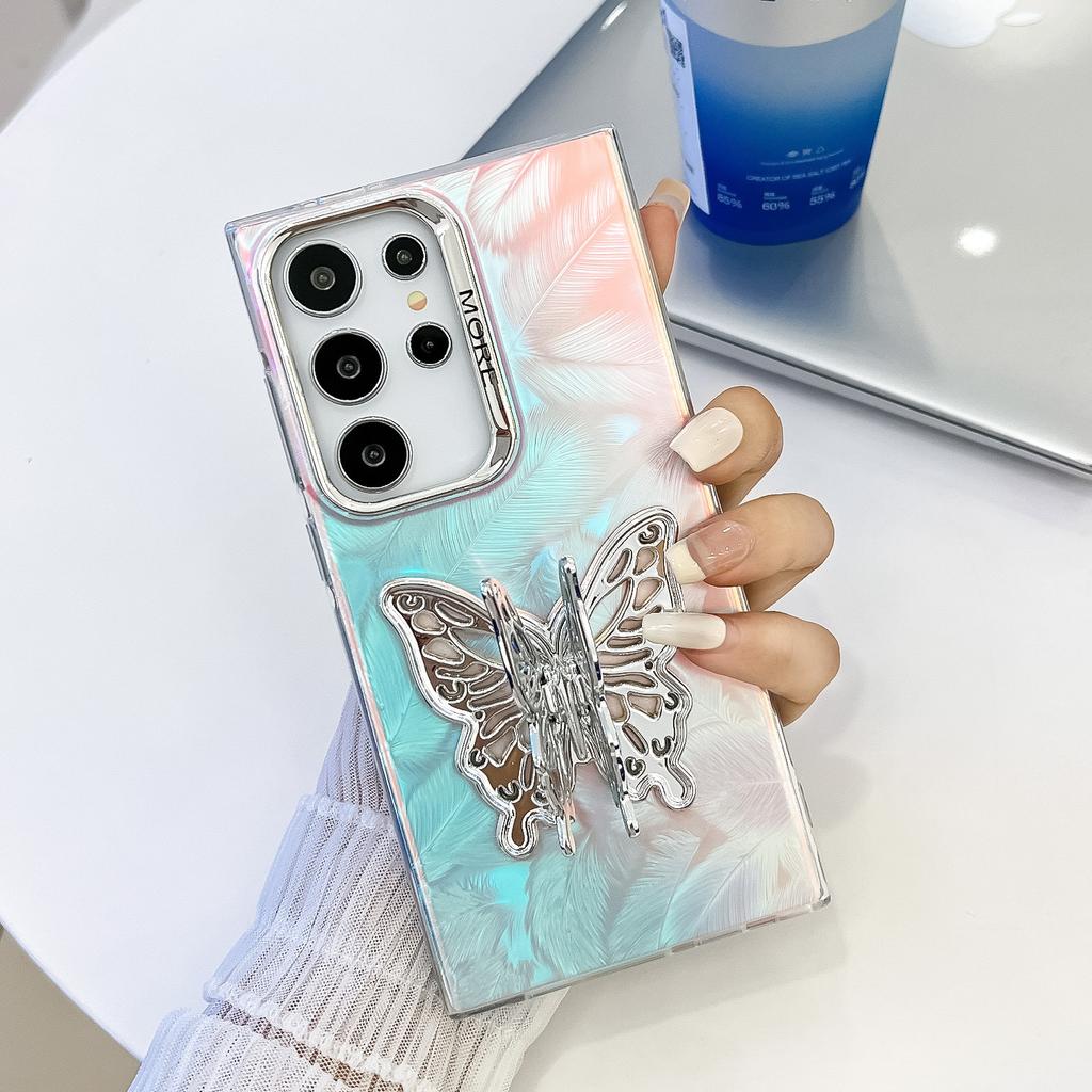 Samsung S25ultra Mobile Phone Case Electroplated Laser S24 All Inclusive Butterfly Stand A56 Protective Case for Women