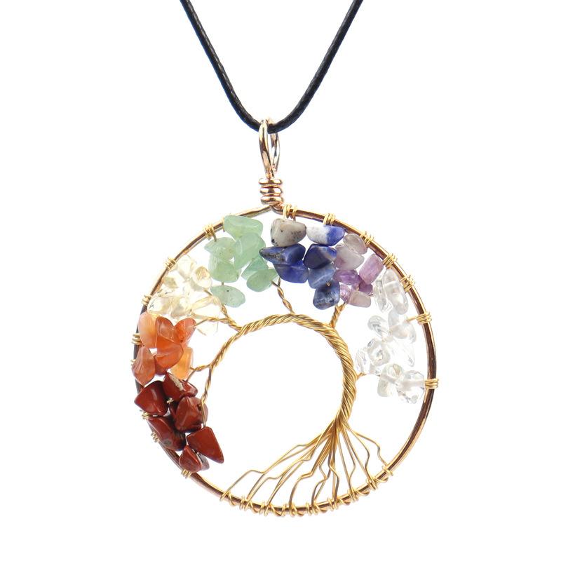 Hand-Wound Natural Gravel Crystal Gold Curved Tree Of Life Pendant Necklace N44