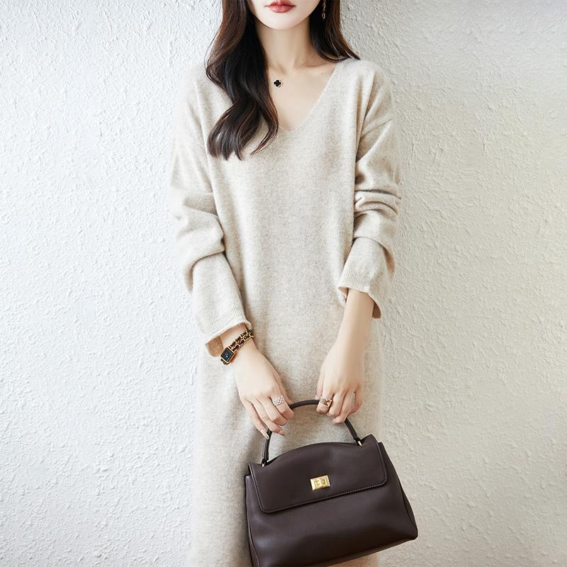 Women Sweater Dress 100% Wool TIDENOVEL V-neck Knit Long Pullover Winter Jumpers Wool Long Dress Female