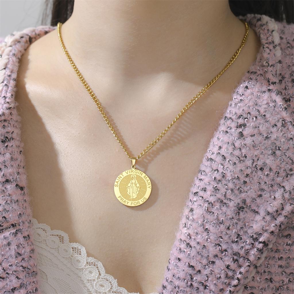 Virgin Mary Medal Necklace Stainless Steel Christian Believer Blessing Pendant Necklace Double Sided Amulet Jewelry Gift
