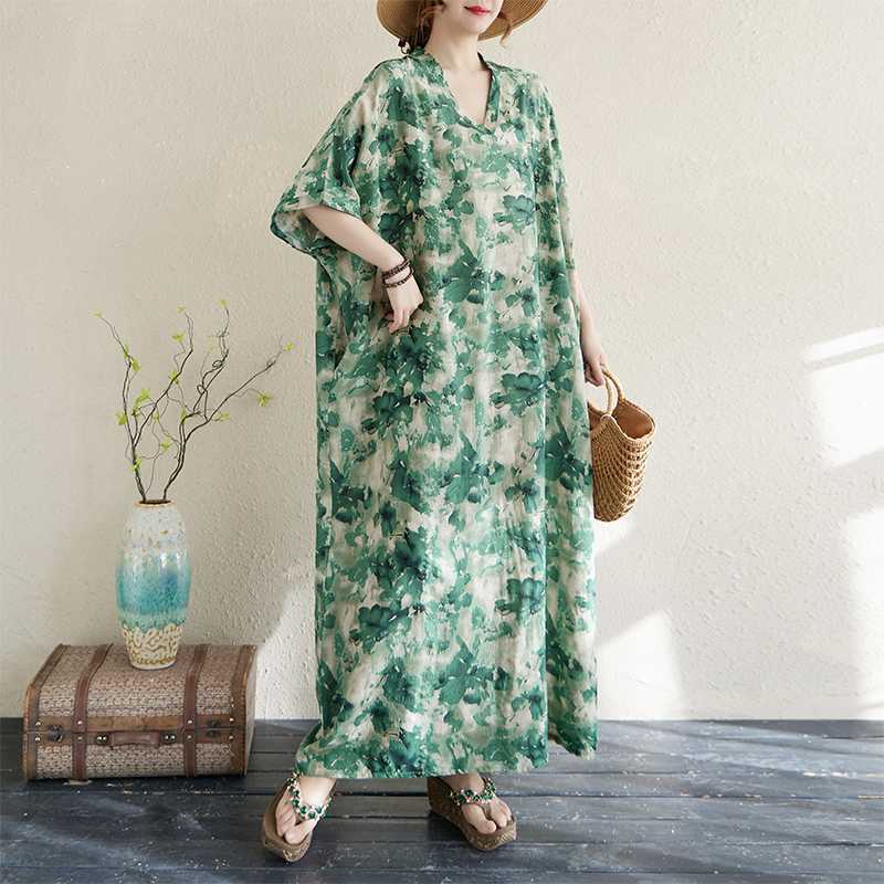 

Женское летнее цветное платье с V-образным вырезом в стиле ретро, длинная юбка, хлопок и лен One size