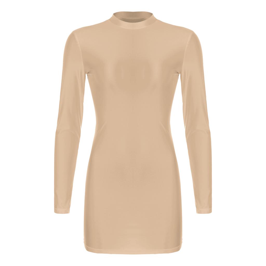 Summer Sexy Dress Women Glossy Sheer See Through Bodycon Pencil Dress Long Sleeves Clubwear Party Dresses