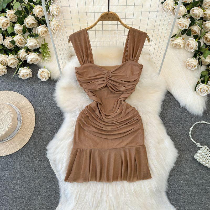 

Elegant Socialite Sling Dress Ruffles Mesh Khaki S