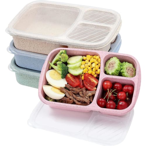 4-Pack Bento Lunch Box Set, 3-Compartment Straw Meal Prep Food Storage Containers, Plastic, Microwave and Dishwasher Safe (3 Compartments)