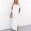 Casual Women's Loose Swing Long Dress V-neck Short-sleeve Solid Color Side Slit Summer Fashion