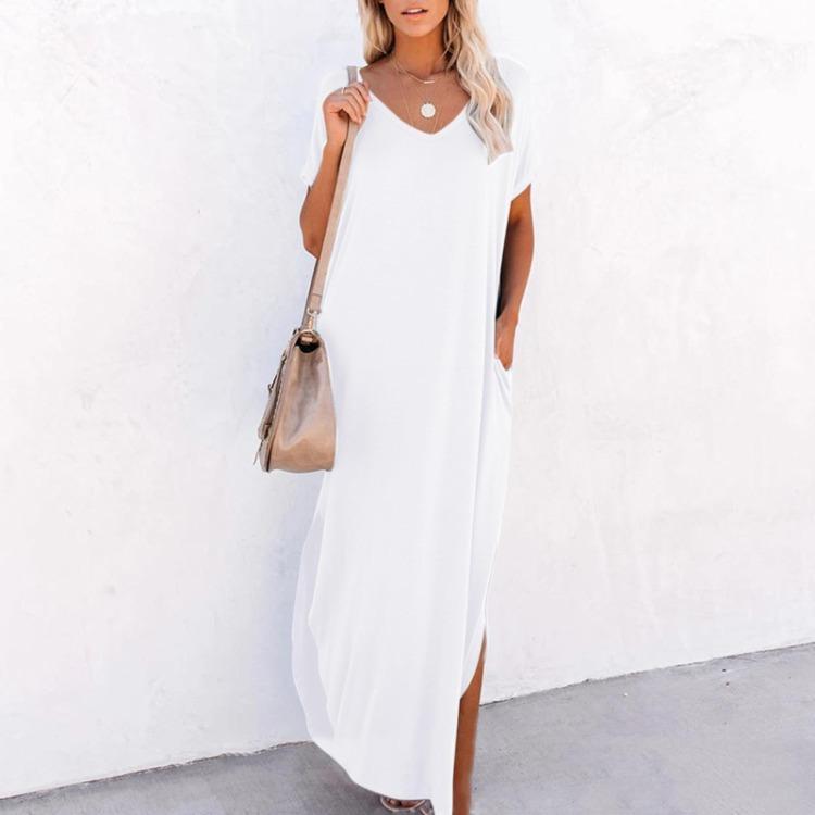 Casual Women's Loose Swing Long Dress V-neck Short-sleeve Solid Color Side Slit Summer Fashion