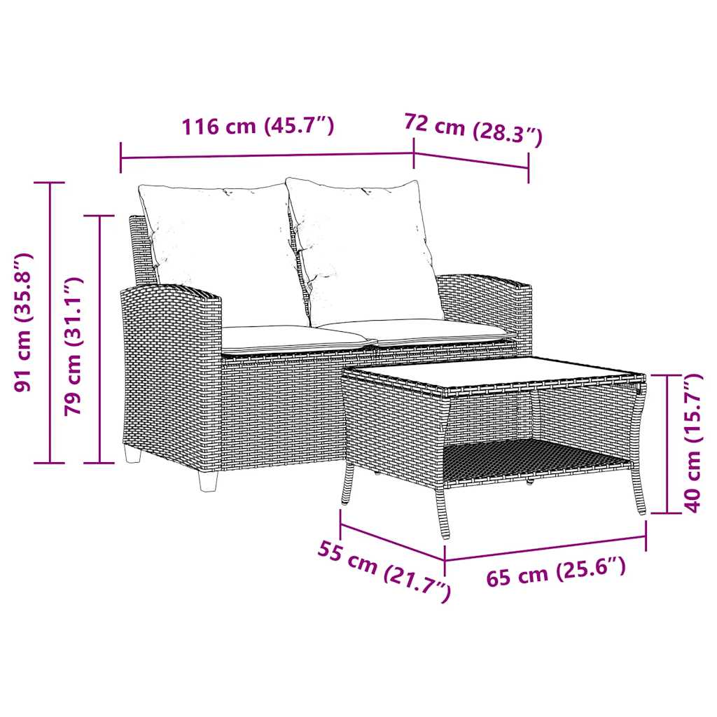 2 Seater Garden Sofa with Cushions & Table Beige Poly Rattan