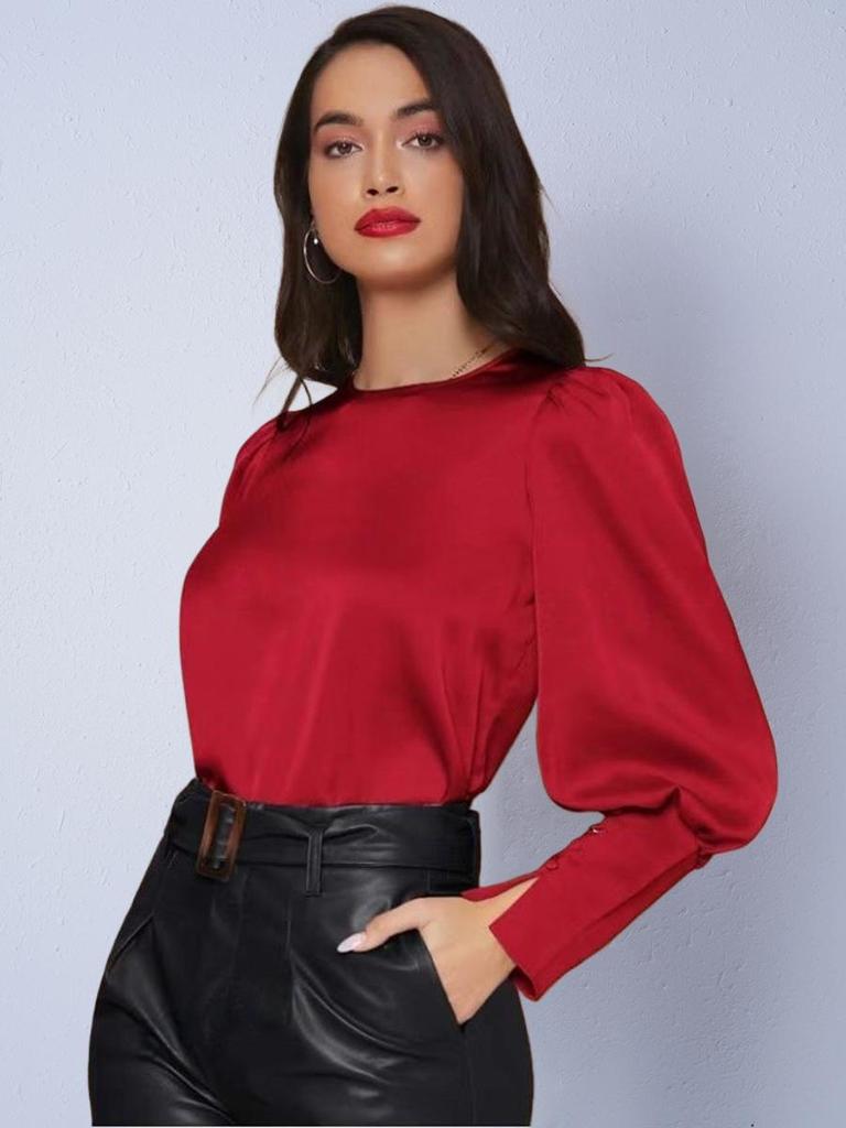 Camicia da Donna in Raso con Maniche a Lanterna in Seta Sintetica - Stile Vacanza Autunnale