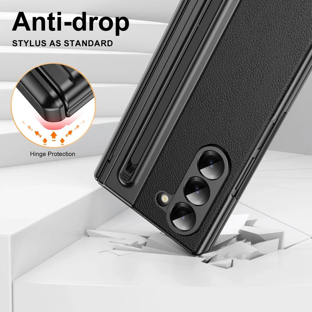 High-end Business With Pen Slot Holder PU Leather Case For Samsung Galaxy Z Fold 7 6 5 4 3 Hinge Film Integrated Protector Cover