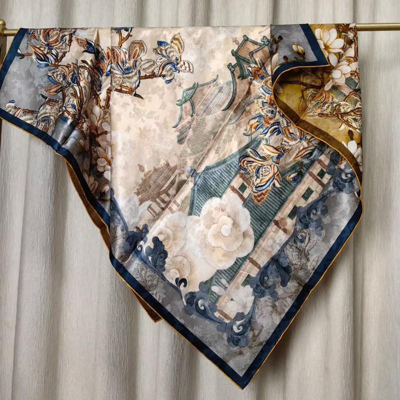100% Mulberry Silk Scarf 110cm Square Floral Print Luxury Shawl Women