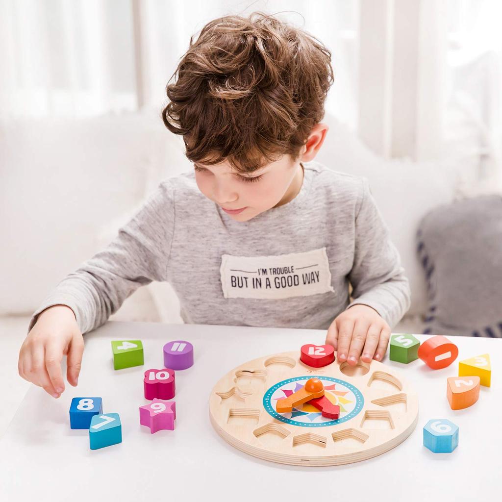 Classic World Classic World Tick Tock Clock Educational Clock Clock Toy Time Numbers Shaped Puzzle Wooden Educational Toys for 3 Years Old (CL3655)
