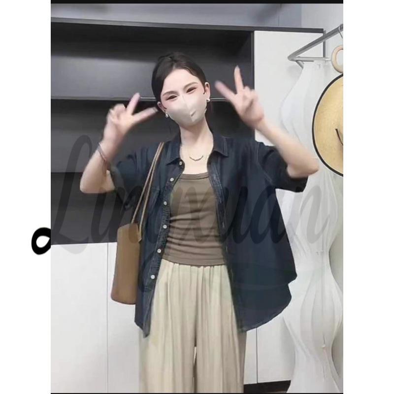 

Korean-Style Casual Loose Denim Short-Sleeved Top - Available in Light and Dark, New Women s Arrival Large темно-синього кольору