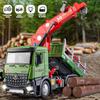 1/24 Scale Wooden Toy Truck Metal Cab, Friction Driven Wooden Truck, Equipped with A Full Function Loading Crane and 3 Loadable Logs, Light and Sound,