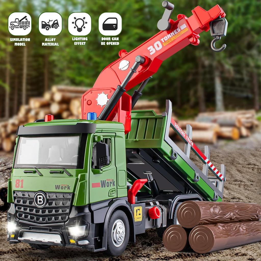 1/24 Scale Wooden Toy Truck Metal Cab, Friction Driven Wooden Truck, Equipped with A Full Function Loading Crane and 3 Loadable Logs, Light and Sound,