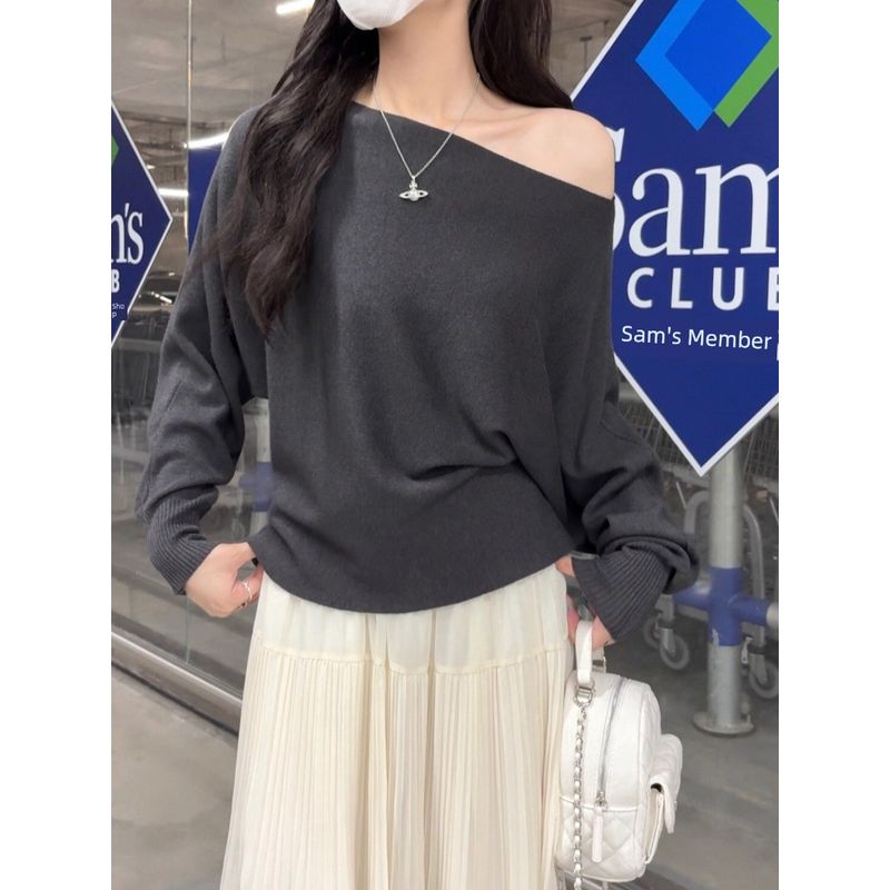 Kumikumi Gentle Temperament Sloping Shoulder Long Sleeve Knit Women Clothes Autumn Slimming All-Match Solid off-Shoulder Top