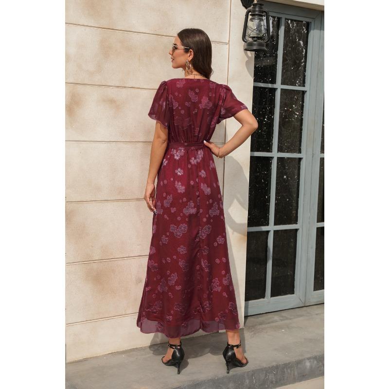 V-neck High-waisted Strappy Dress Jacquard Split Long Short-sleeved Dresses