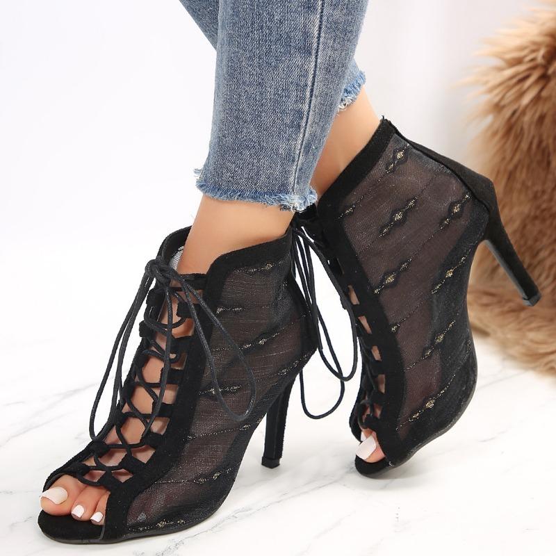 Summer mesh lace embroidery fashion high heel cool boots fish mouth cross strap sandals cool boots