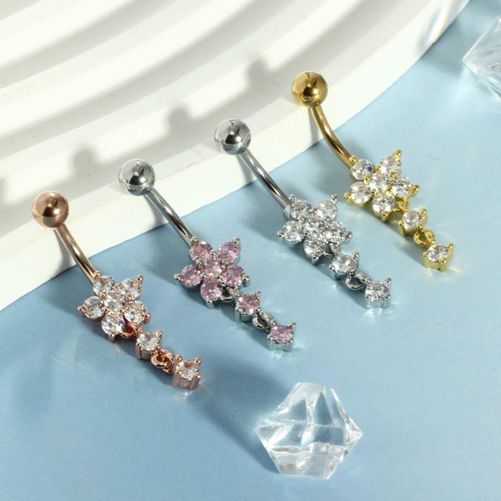 Rhinestone Flower Pendants Belly Button Ring Stainless Steel Body Piercing Jewelry Girls
