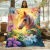 1 Charming Fantasy Horse Floral Flannel Blanket - Soft and Warm, Perfect for Camping, Sofas, Beds, and Chairs; a Great Holiday