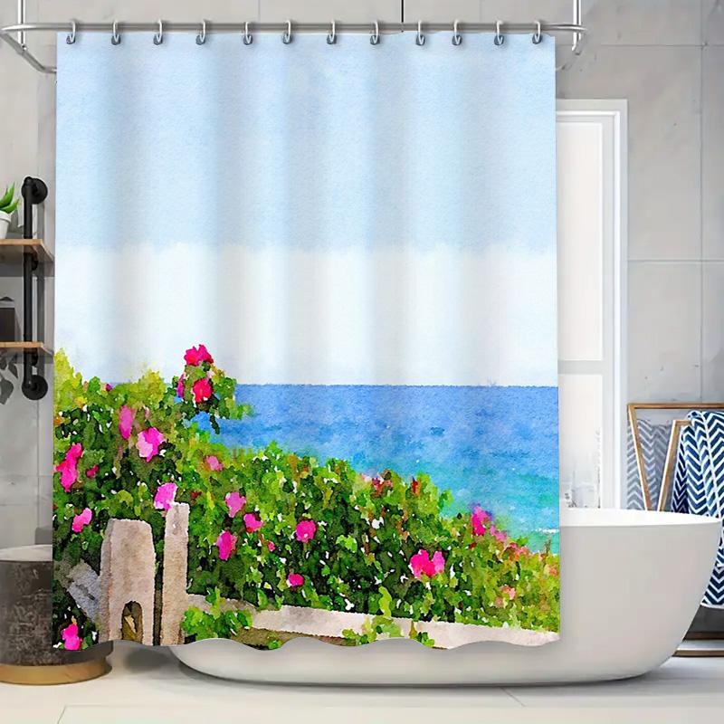 Floral Ocean View Shower Curtain Tropical Beach Wall Art Bathroom Decor Waterproof Scenic Backdrop