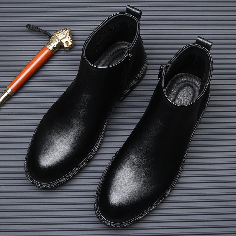 Men's British Style Genuine Leather Chelsea Boots - Autumn/Winter Mid-Cut, Plus Velvet, Warm, Trendy, High-Top, All-Match.