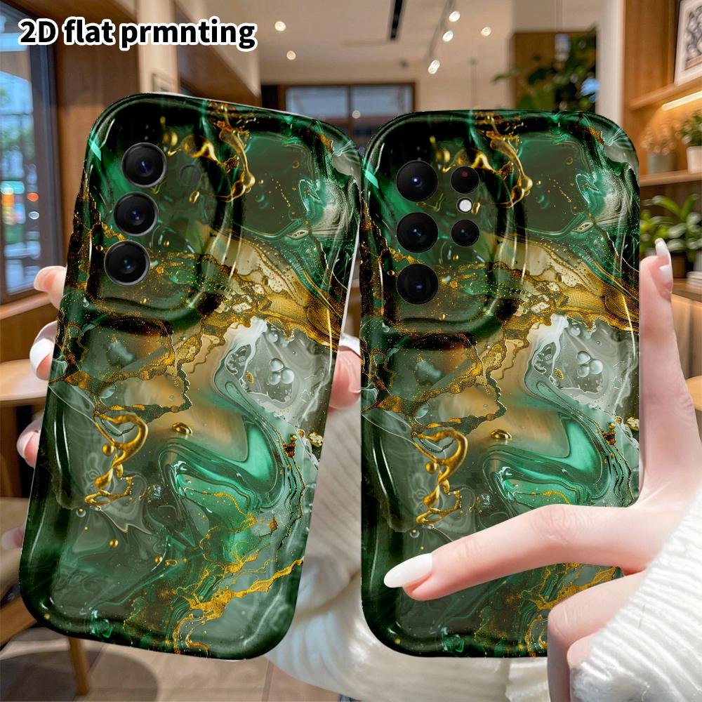 Phone Case: 2D Flat Samsung Galaxy A34 A35 S20 S22 S21 FE Plus Ultra Protective Case, Dark Green Black Gold Fluid, Christmas and Halloween Gift