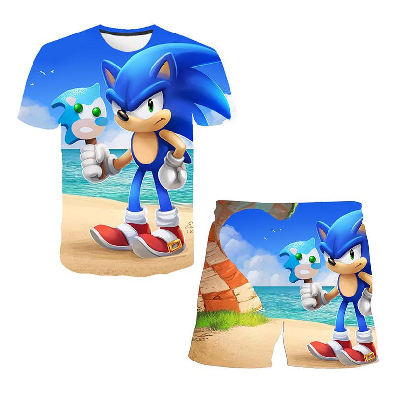 2025 MINISO Ny Japansk Tecknad Sonic 2 T-shirt Barnens Topp Shorts Tvådelat Set Sommar Pojke Tecknad Söt SONIC T-shirt+ Strandbyxor