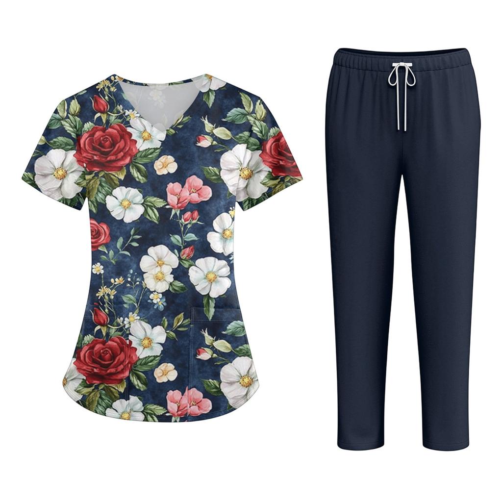 Plus SizePrinted Scrub Working Uniform Tops para mulheres Cross V-neck Halloween Print manga curta camisetas divertidas Workwear Tee com bolsos