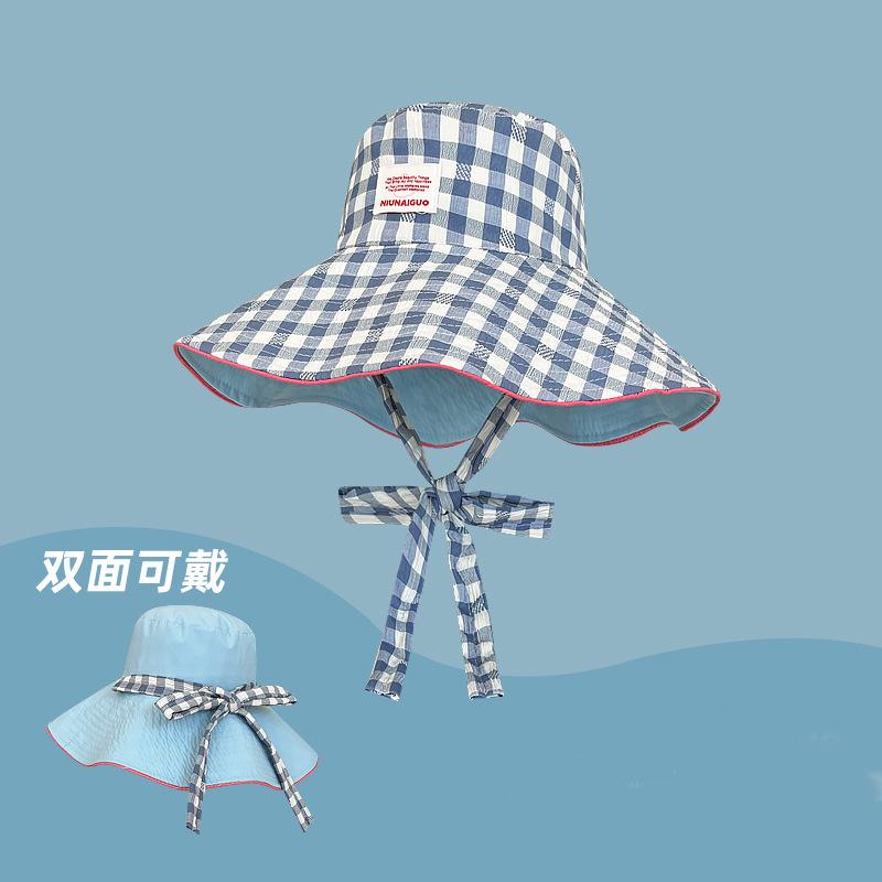 Double-sided Plaid Fisherman's Hat Children's Summer Thin UV-proof Foldable Large Brim Sunshade Sun Hat