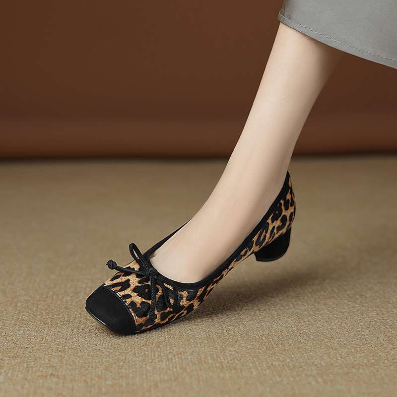 Krazing Pot Horsehair Summer Spring Autumn Med Heels Slip on Women Butterfly-knot European Design Square Toe Shallow Pumps