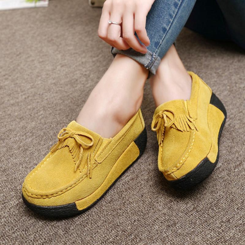 Cow Suede Women Wedge Heels Fashion Macrame Platform Shoes Elegant Middle-aged Mother Shoes Slip-on Loafers
