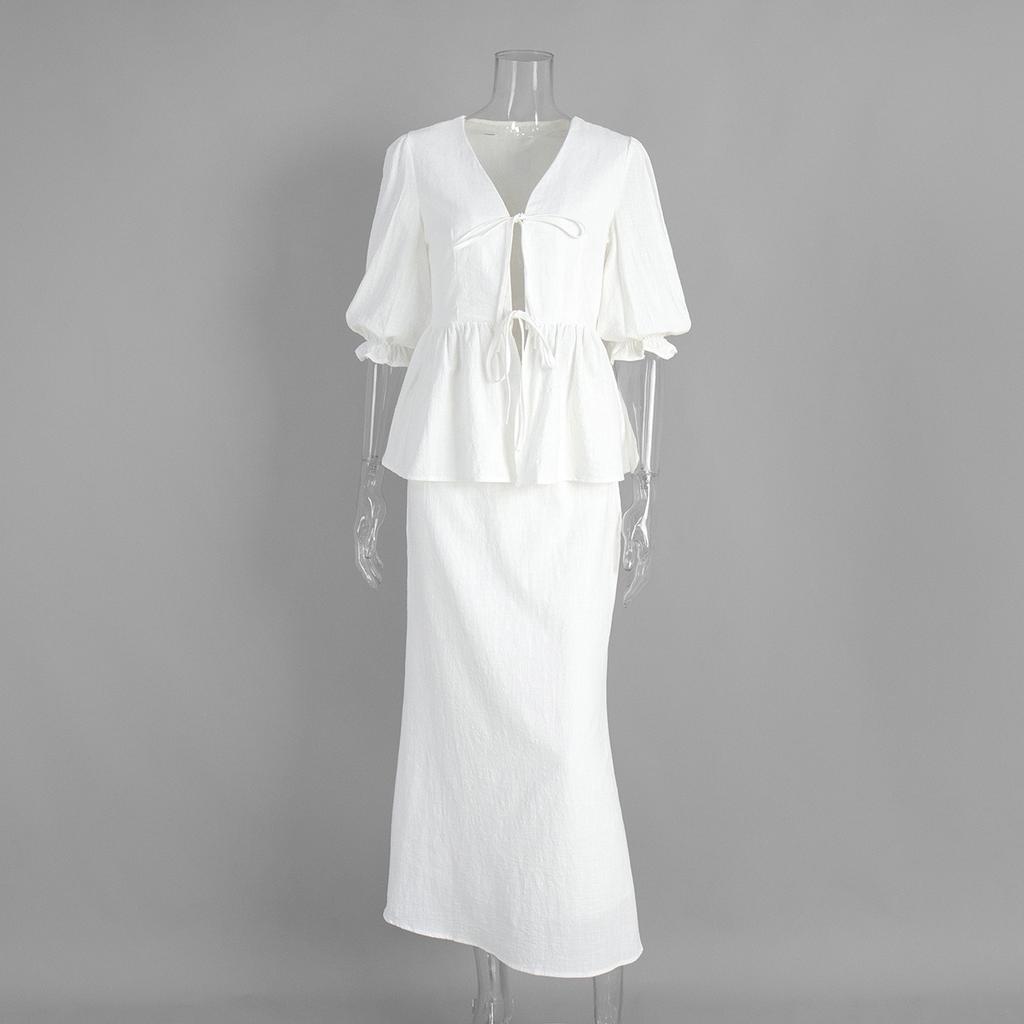 Summer New V-neck Short Sleeve Ruffled Trim Long Midi Skirt Two Piece Set Outfit Women's Casual European American Style