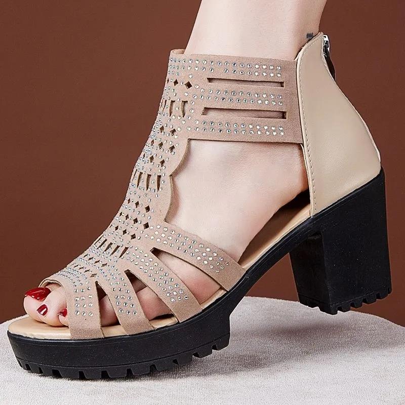 Black High Heeled Sandals Women's Peep Toe Rhinestone Design Retro Roman Style Thick Sole Waterproof Platform Summer