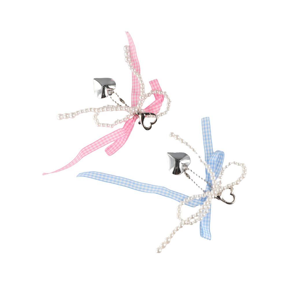 Cartoon Plaid Ribbon Bow Key Chain Pearl Phone Pendant Cute Balletcore Keychain  Bag Hanging