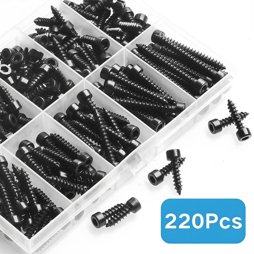 Zmbroll 220pcs M4 Hex Socket Head Cap Grade Black Carbon Hex Socket Sheet Metal Wood Screws with Wrench Self-Tapping Screws,