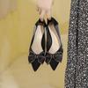 Medium heel single shoes new satin red wedding shoes light mouth bow women's shoes pointed high heels thick heel