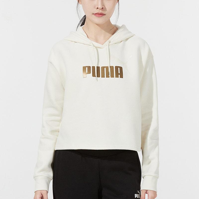 Puma Casual Sports Gold Label Fleece-Lined Short Knit Hoodie Women Tops White 847673-73
