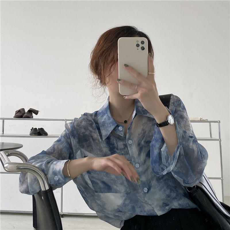 Printing Ink Tie Dye Pocket Single-breasted Blouse Women New Classic Long Sleeve Polo Collar Temperament Office Autumn Shirt