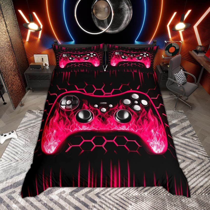 Homewish Pojkar Spelare Gaming Påslakan Set Neonlys Honungskaka Sängkläder Svart Vändbart Täckeöverdrag Set