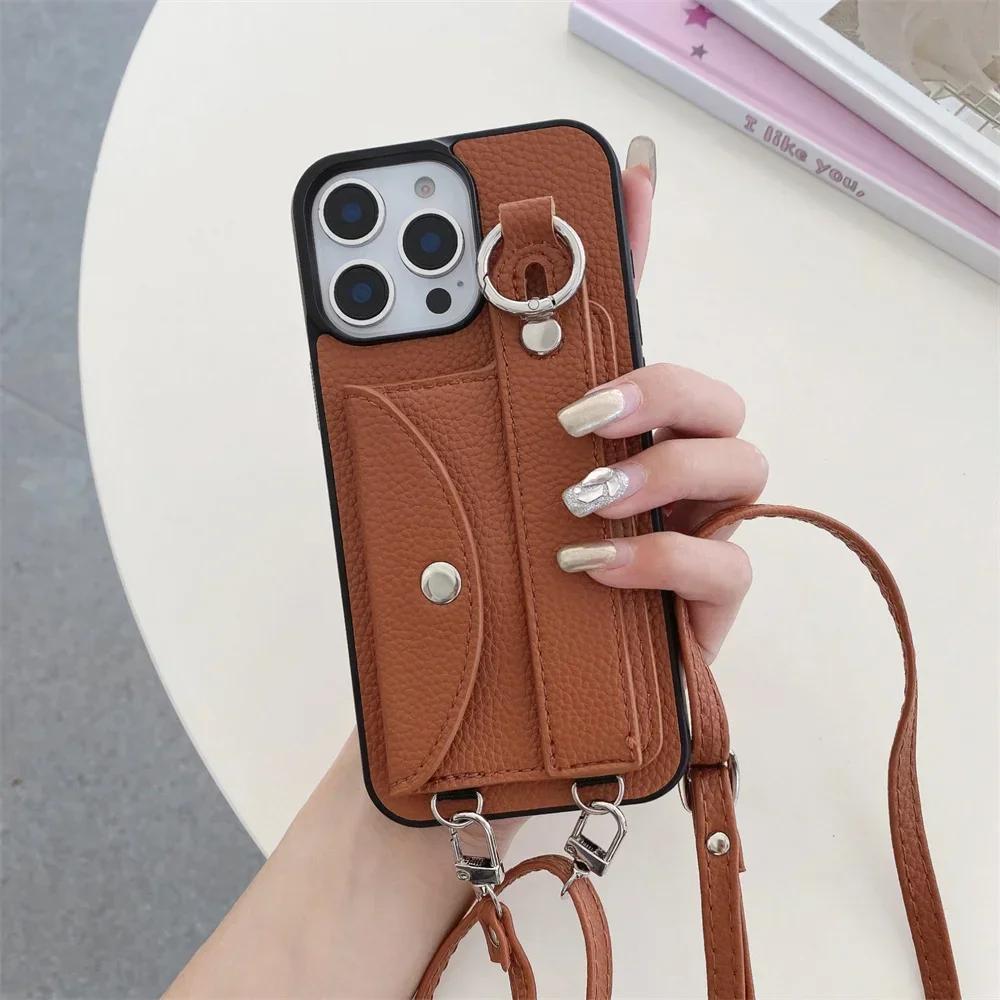 Crossbody Wrist Strap with Card Holder Phone Case for IPhone 16E 16 15 14 Plus 13 12 11 8 7 Pro Max XS Leather Ring Stand Cover