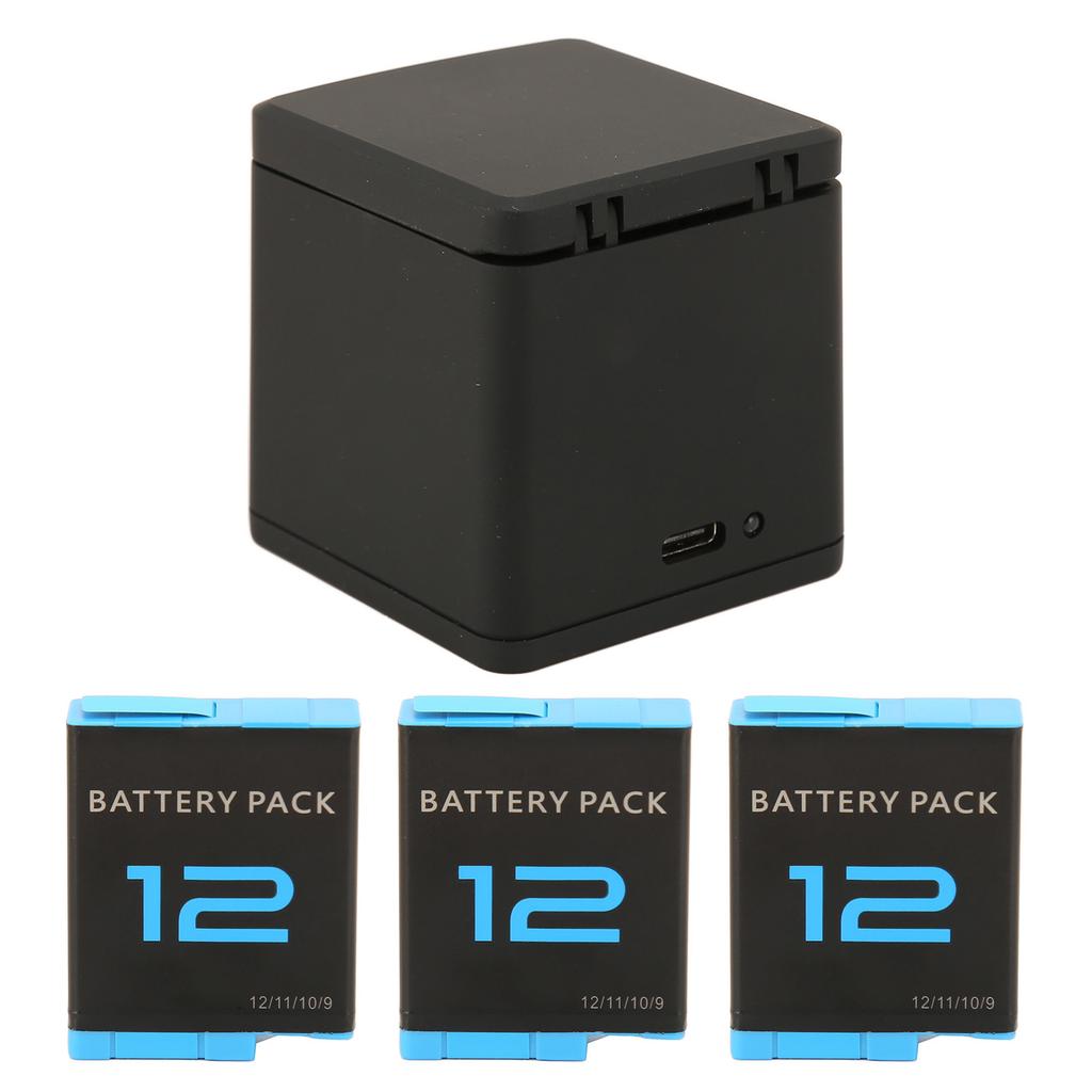 Action Camera Battery Charger 3 Channel Storage Charging with 3pcs 1800mAh Rechargeable Lithium Ion