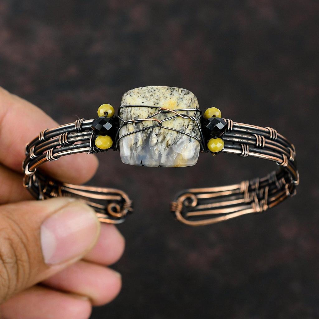 Wire Wrapped Plume Agate Cuff Bracelet Black Onyx & Red Coral Beads Bangle Copper Wire Wrapped Handmade Jewelry Adjustable Cuff Gift For Mom