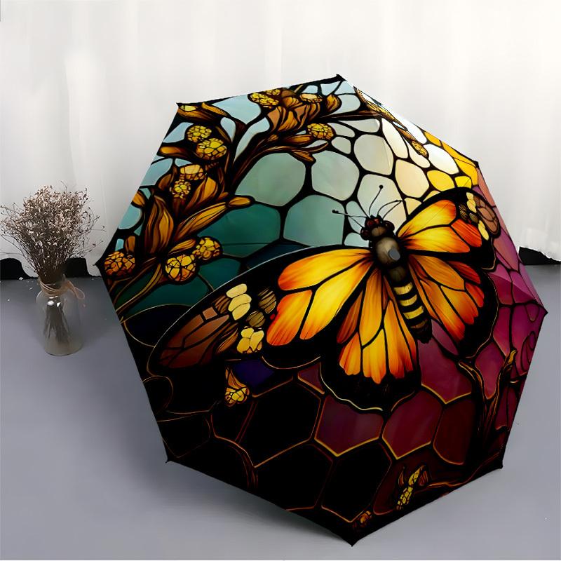 1pc Butterfly StainedGlass Automatic Open/Close Umbrella with Folding feature Compact Travel Umbrella, Lightweight design, for Commuting, Business109