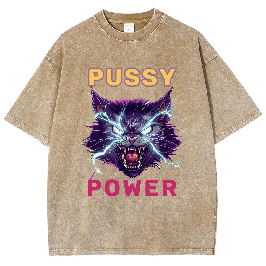 Power Cat Print Wash Women's T-Shirt Oversized Y2K Trend Hip Hop Retro Short Sleeve Harajuku Casual Top Summer