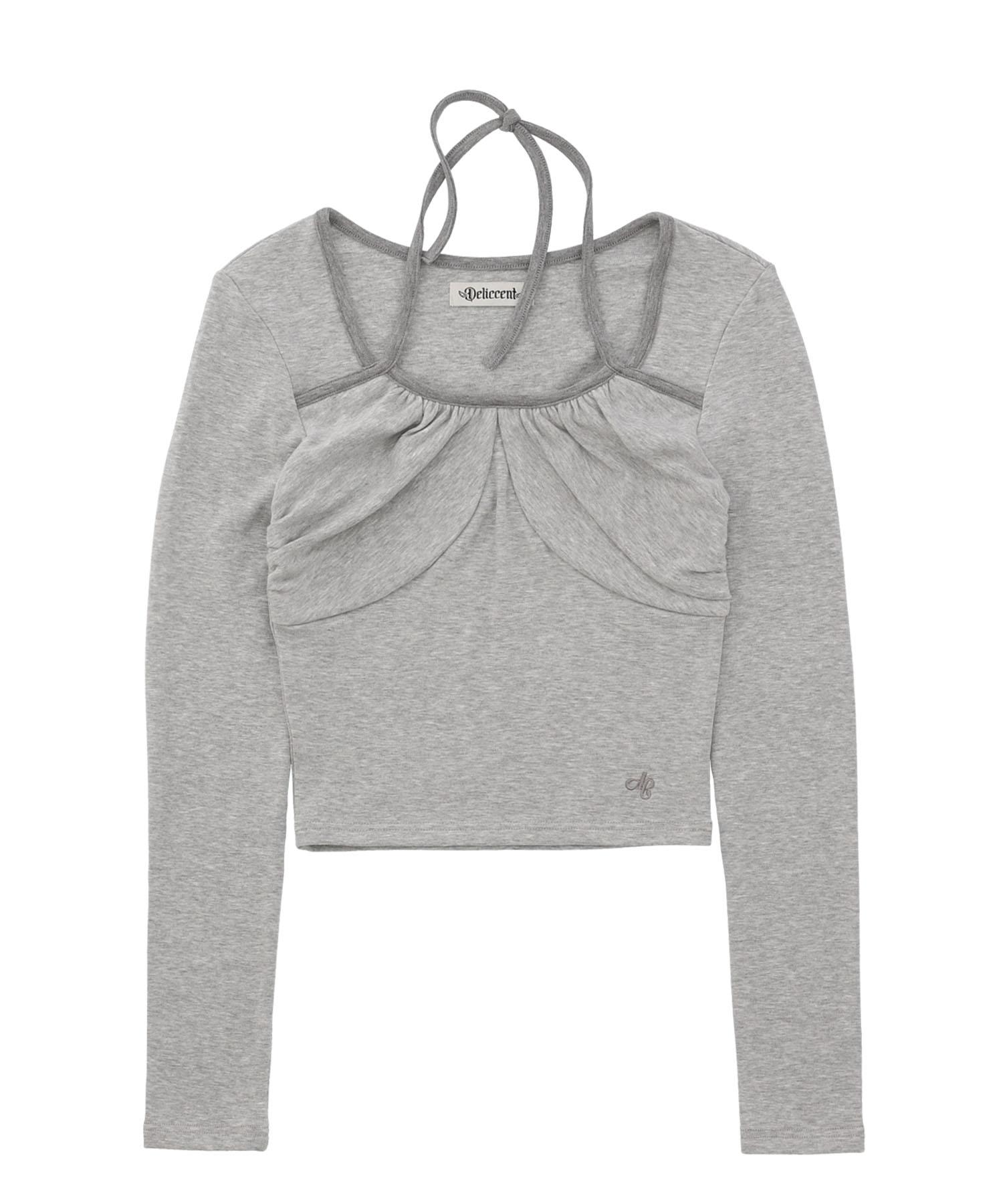 Deliscent Contrast Halter Neck Shirred T-Shirt [Gray] Gray/Free