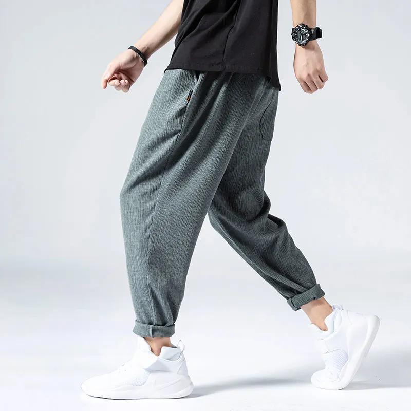 Men's Summer Thin Ice Silk Leisure Loose Nine-minute Trousers Solid Colour Simple Quick-drying Trousers