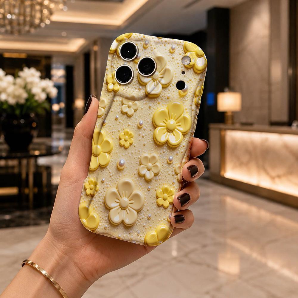 Yellow Floral Pearl Dot Wavy Edge Phone Case For iPhone 17 16 15 14 13 12 11 8 7 Plus Pro Max Elegant Soft Silicone Cover