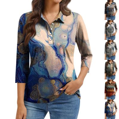 Women's Fashion Casual Lapel Short 3/4 Sleeve Print Shirt Women's Button Up Tops