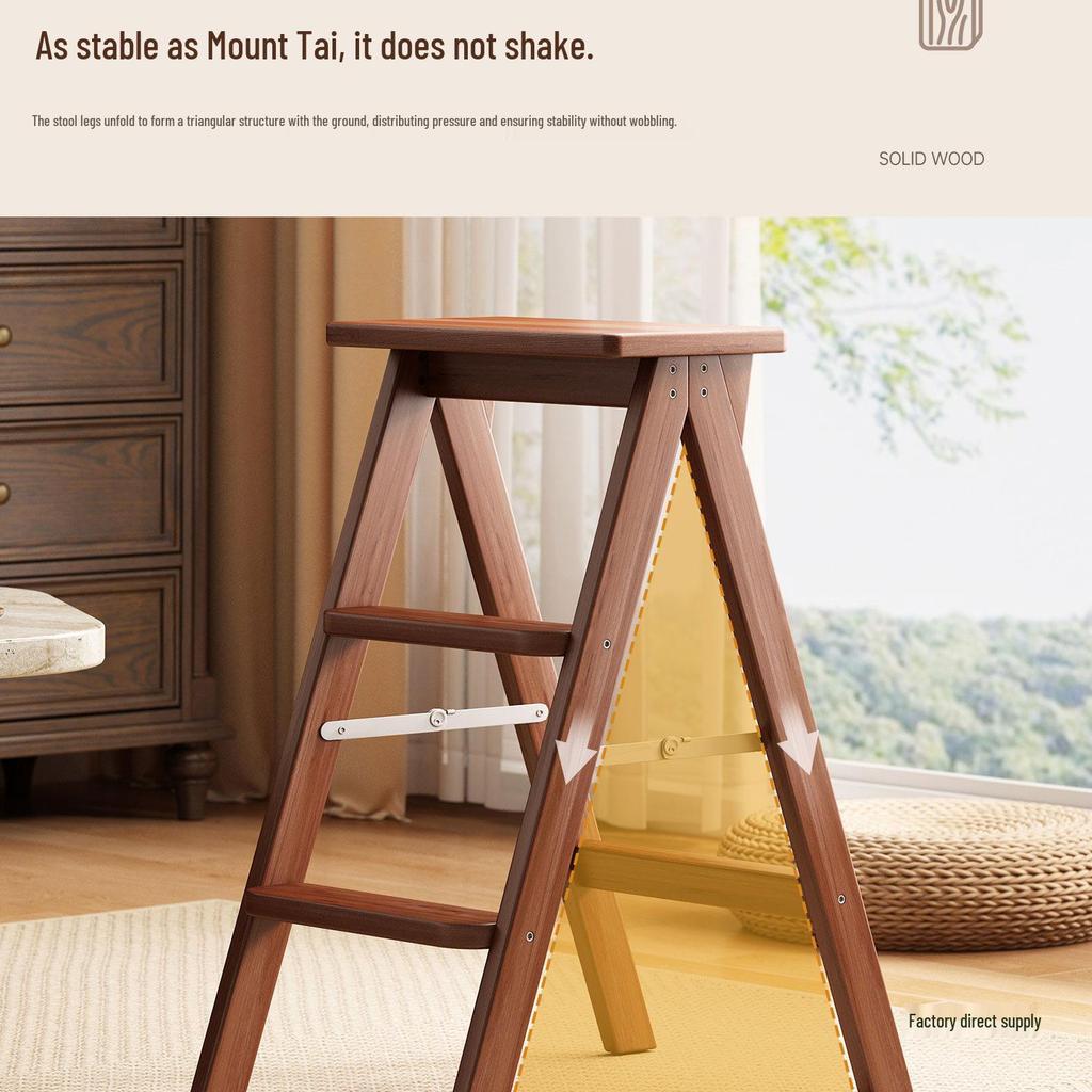 Solid Wood Folding Step Stool Chair - Multifunctional 3-Step Ladder for Kitchen and Household Use