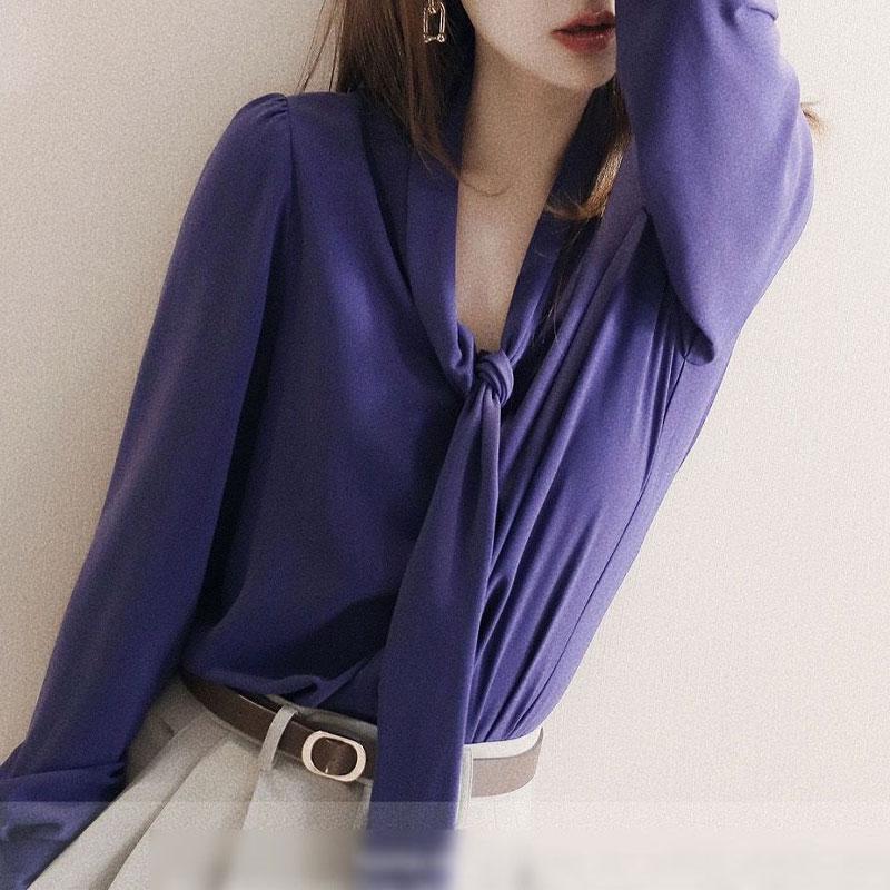 Office Lady Solid Color Shirt Spring Autumn Long Sleeve Stylish Scarf Collar Casual Drawstring Bow Female Single-breasted Blouse